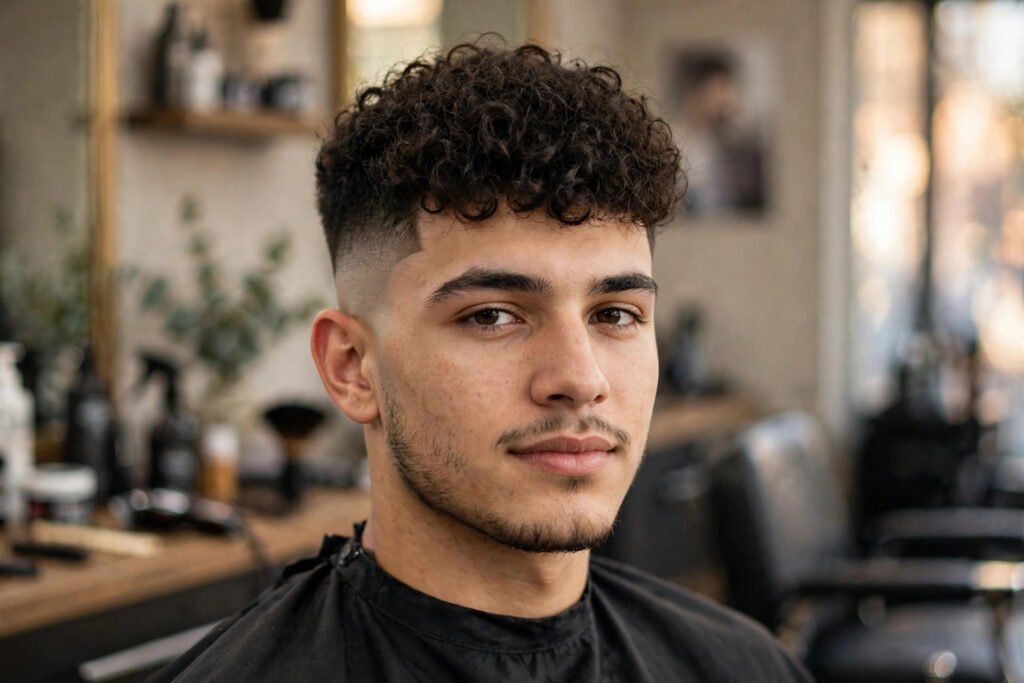 High taper fade with curly hair