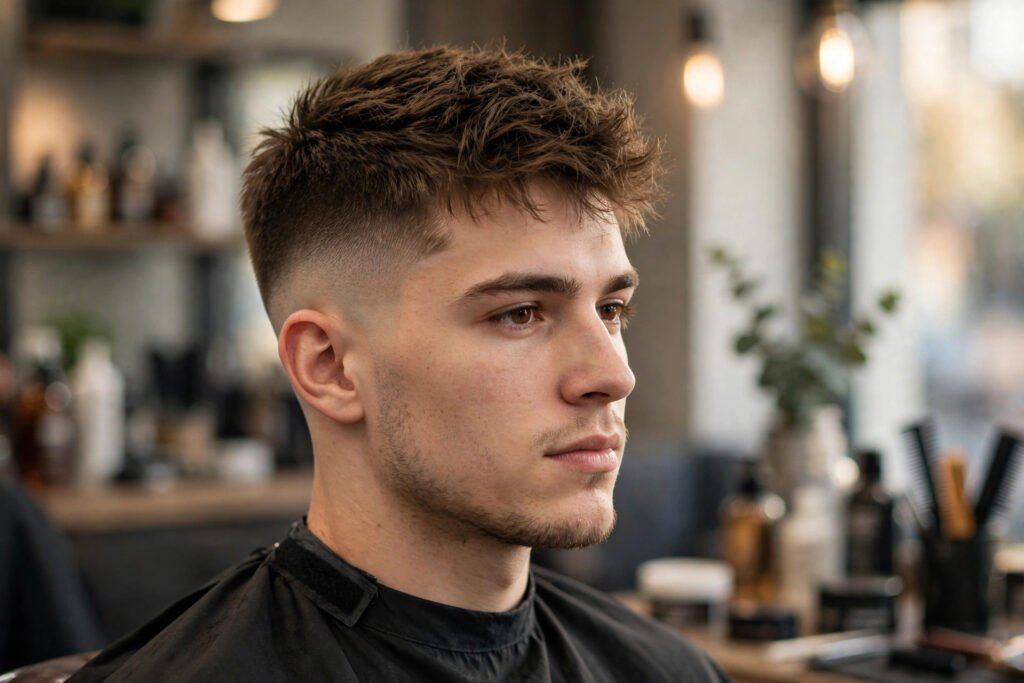 Short textured top with high taper fade