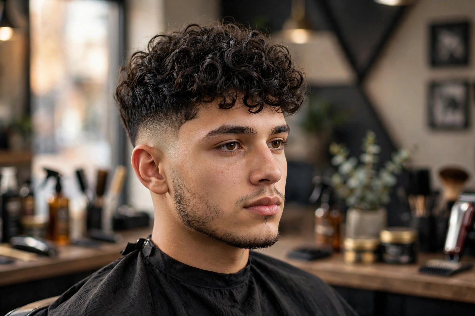 Low taper fade with curly hair